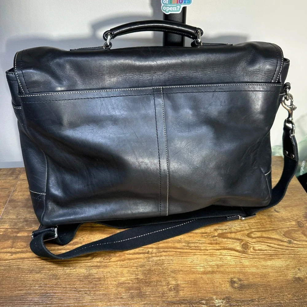 Coach Mens Black Leather Messenger Bag Briefcase White Stitching Silver Hardware - Picture 8 of 16
